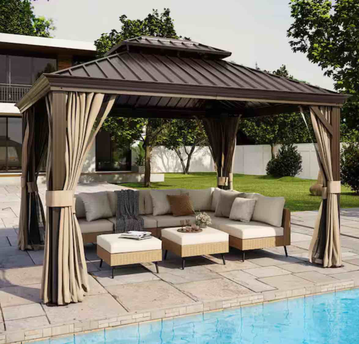 10 ft. x 12 ft. Brown Hardtop Patio Gazebo with Mosquito Netting and Privacy Curtain box 1 of 3 