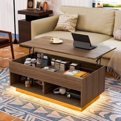 Bice Lift Top Coffee Table with RGB LED Light Strip, Hidden Compartment & Open Shelf