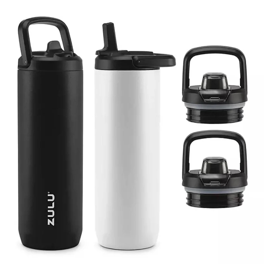 Zulu Base Stainless Steel Water Bottle with Lids., 2 Pack 24oz each, Includes 2 Extra Lids (Choose Color)