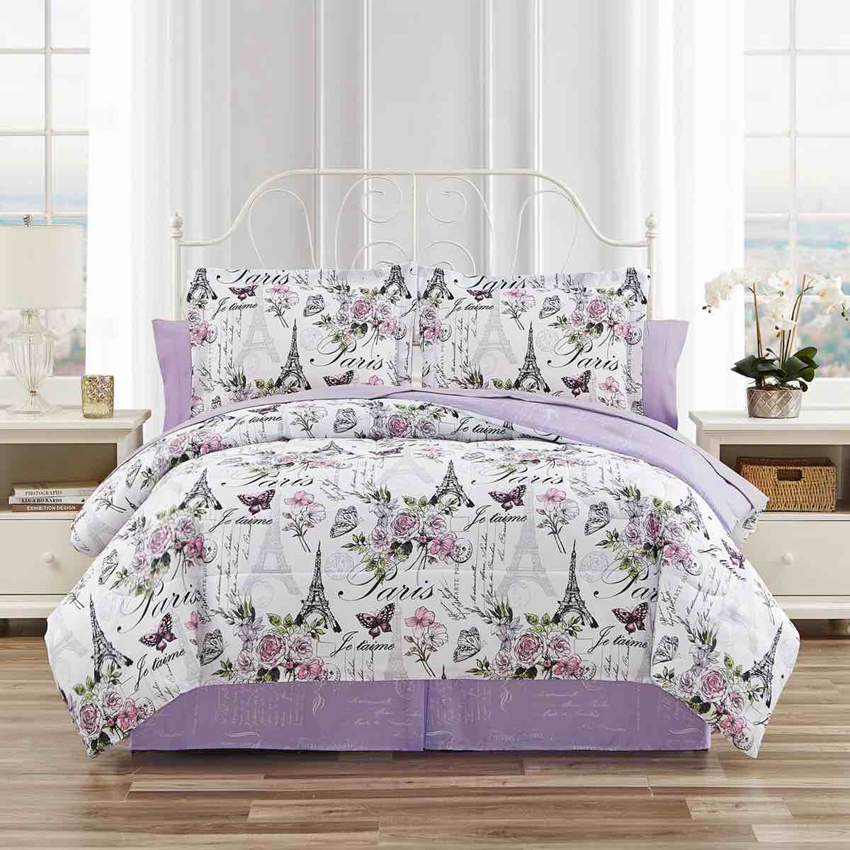 CEDAR COURT Paris Floral Lilac Ultra Soft Microfiber Reversible Comforter Set( size 86” x 86” inch)