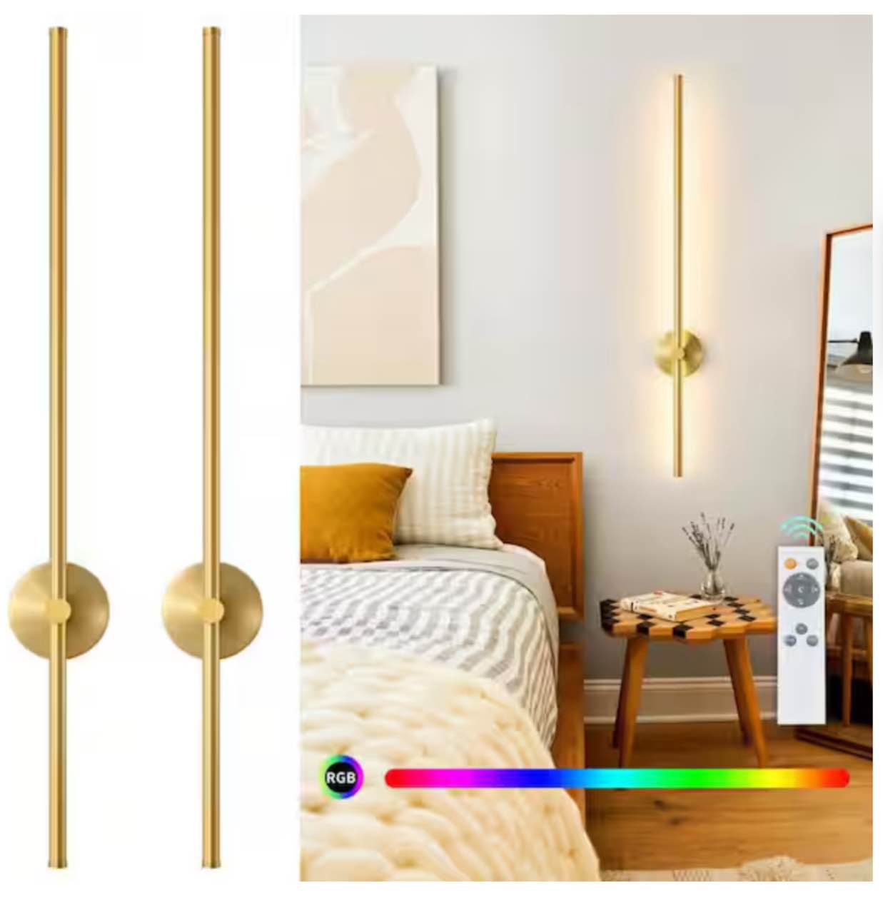 39.37 in. 2-Light Gold LED Wall Sconce with Remote Control Dimmable Multicolor, DIY 350-Degree Rotate, Memory Function