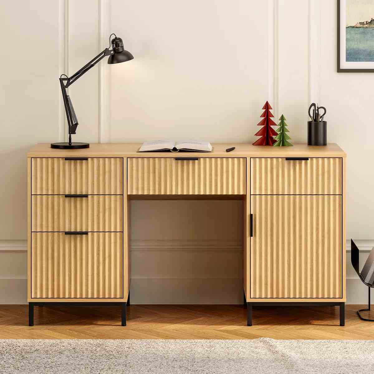 Fluted Executive Desk And File Storage Cabinet With Metal Base Color: Natural Oak