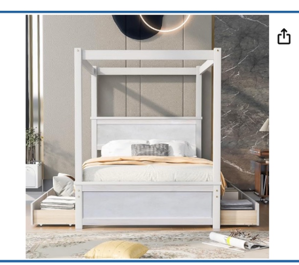 ( incomplete/ box 2 of 2) Modern Design Wood Canopy Bed with Four Drawers,Full Size Canopy Platform Bed with Support Slats .No Box Spring Needed, (White-