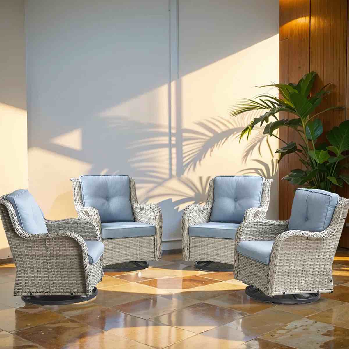 ( incomplete/ 2 boxes ) bonia swivel rocker patio gliding chair with cushions (set of 2) color: light gray frame/baby blue cushion