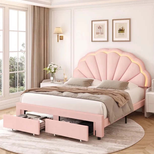 Homfa Modern Queen Bed Frame with 2 Drawers, LED Lights Platform Bed Frame with Upholstered Tufted Adjustable Headboard, Pink
