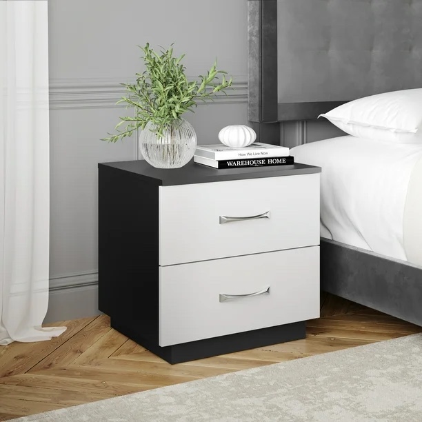 Boyd Sleep Hamilton Double Drawer Nightstand, Black with White Drawers HC160300660
