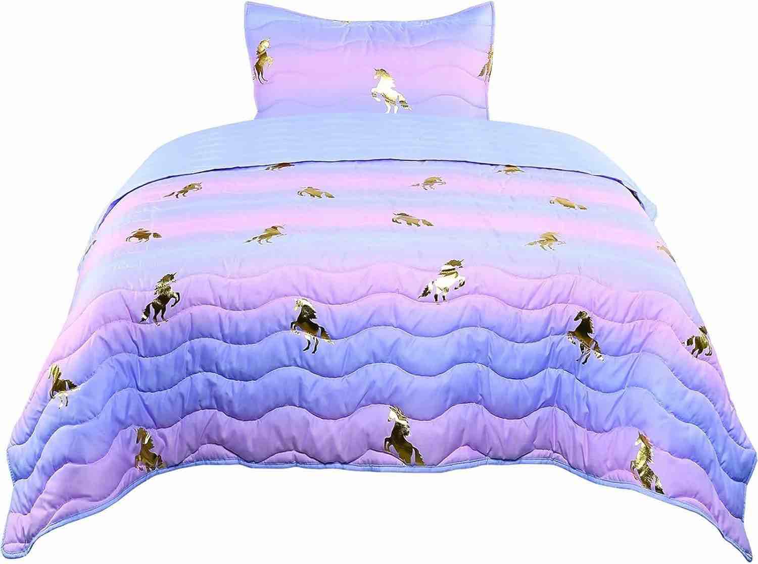 Tadpoles Girls 2 pc Twin Purple Unicorn Quilt Set