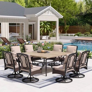 *incomplete* Argyri 8 - Person Square Outdoor Patio Dining Set with 8 Swivel Chairs & Cushions Table Color: Brown
