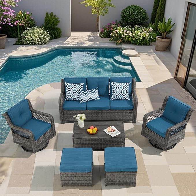 6 Pieces Wicker Patio Furniture Set Conversations Sets, 2 Outdoor 360° Swivel Rocking Chairs, Patio Swivel Glider Chair with Table and Ottoman for Garden, Poolside, Backyard (Grey) (incomplete, box 2 of 3 only)