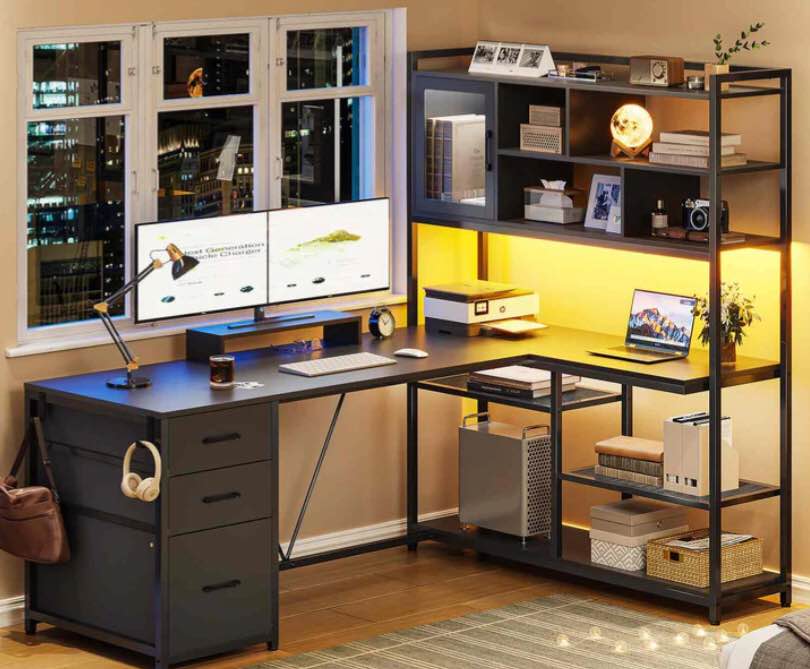 SEDETA 58 Inch L Shaped Computer Desk with Storage Shelves and LED Light for Home Office