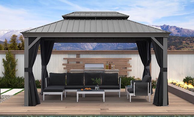 PURPLE LEAF 10’x14’ Hardtop Gazebo With Double Roof Grey Frame Grey Fabric (incomplete box 3 of 5 only)
