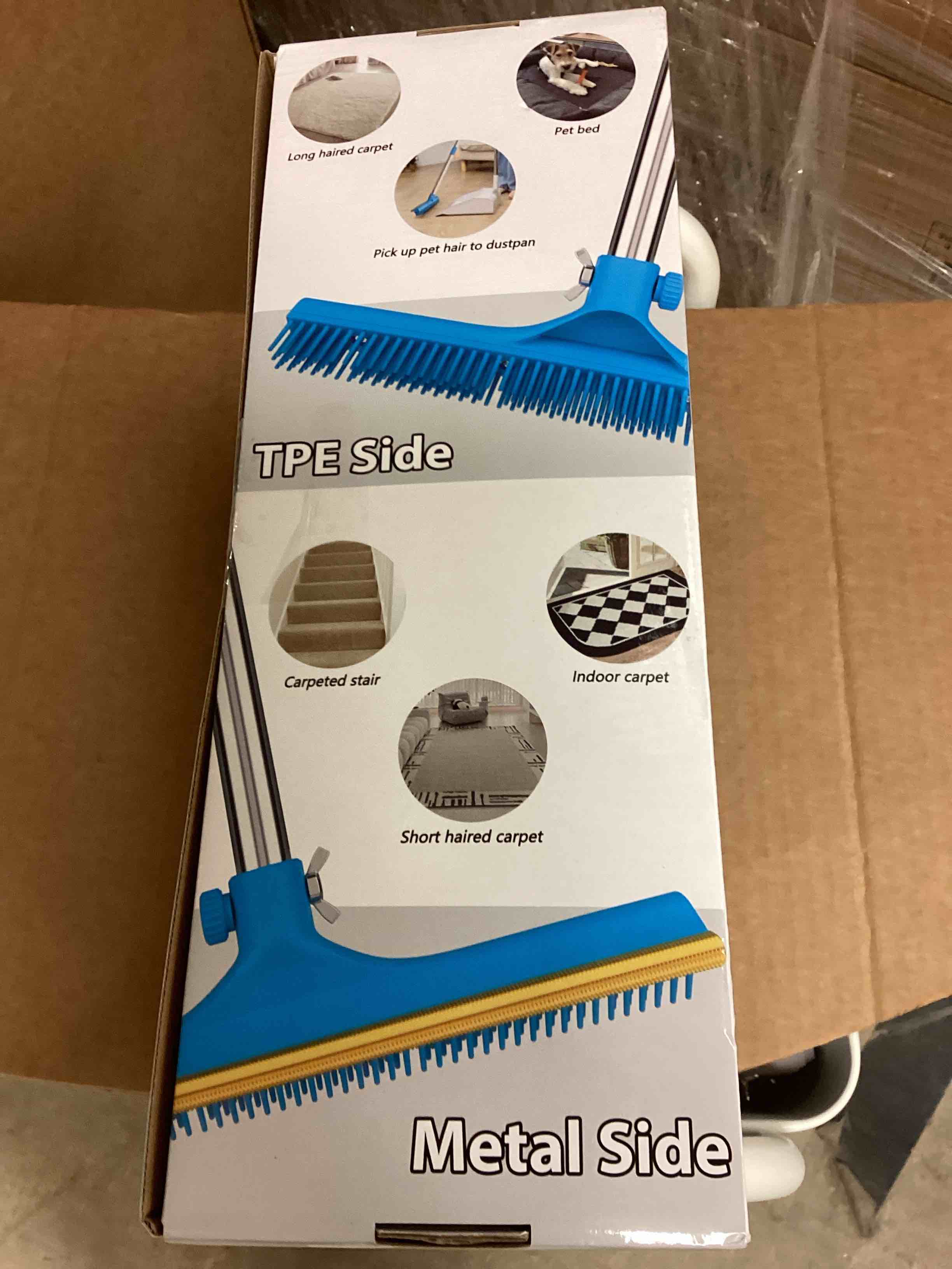 Condition photo showing New/Like New for 3 in 1 Carpet Rake for Pet Hair Removal, Reusable Pet Hair Remover Broom, 60'' Adjustable Long Handle Dog and Cat Hair Remover Tool Set of 3, Lint Remover Scraper for Carpets, Rugs, Mats, Couch, Car
