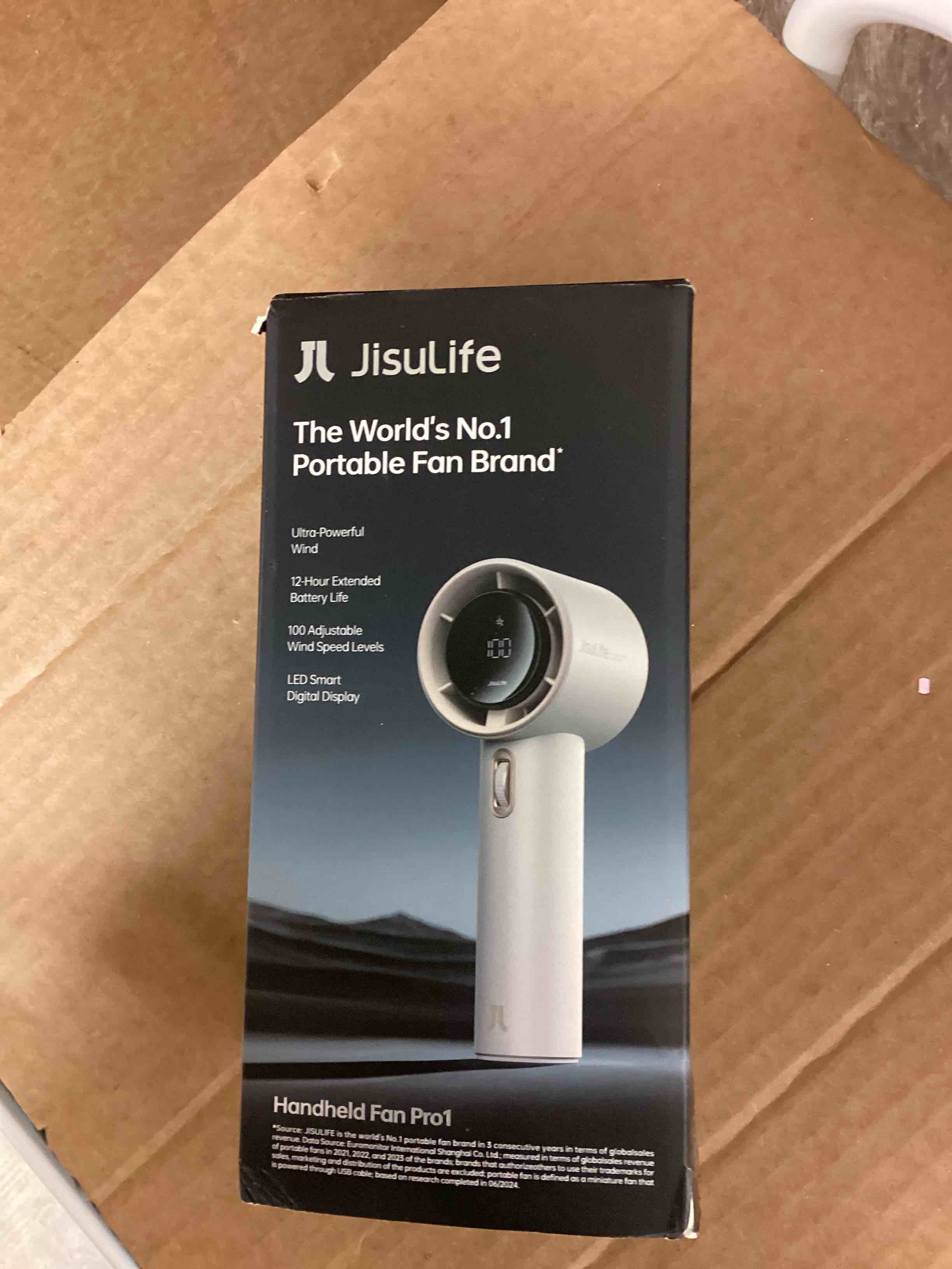 Condition photo showing New/Like New for JISULIFE Portable Handheld Fan, Speed(1-100) Adjustable Turbo Mini and 3600mAh Battery Rechargeable Personal Fan, Digital Display, Gifts for Women Men Travel/Camping/Outdoor-White ABS Resin Exterior White