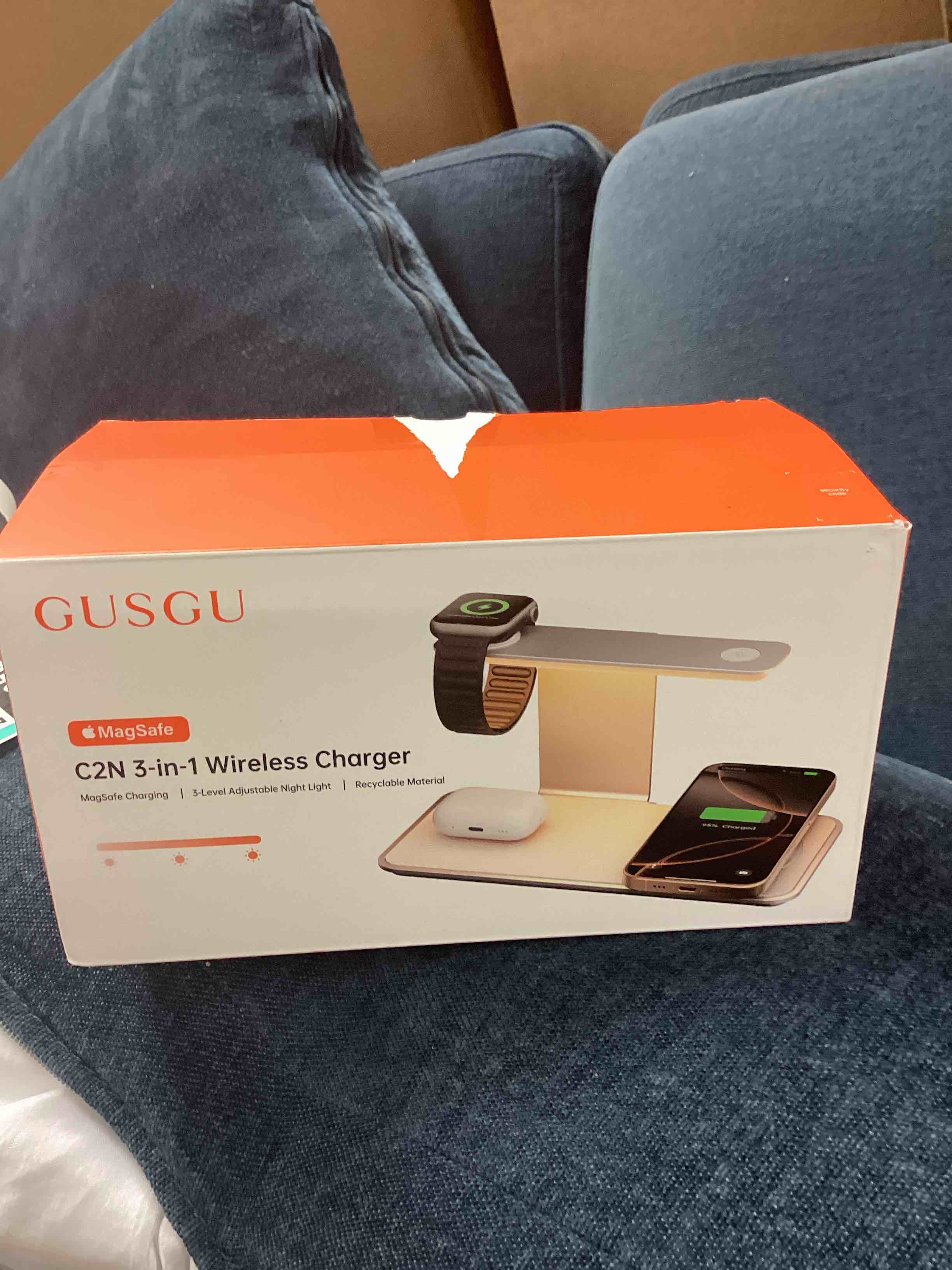 Condition photo showing Good Condition for GUSGU 3 in 1 Charging Station for MagSafe Wireless Charger with Three-Level Night Light, 15W Max Fast Charging for iPhone 17/16/15/14/13/, Apple Watch Series 2-11/SE 3/ Ultra 3, AirPods Pro 3-Gray IOS White