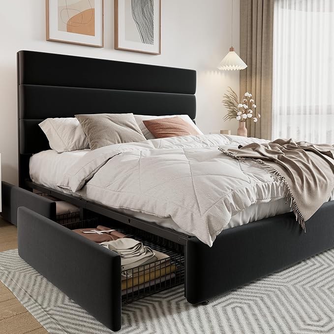 Modern Full Size Platform Bed Frame with 4 Storage Drawers and Velvet Upholstered Headboard, Wooden Slats Support, Upholstered Mattress