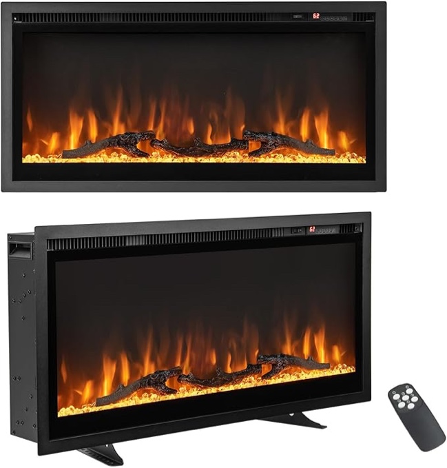 Recessed & Wall-Mounted - Freestanding Fireplace Heater w/Adjustable Log Flame, 8H Timer, Remote Control, 750W/1500W Ultra-Thin Linear Electric Fireplace Inserts
