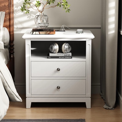 2 drawers solid wood nightstand with storage 2 power outlets 