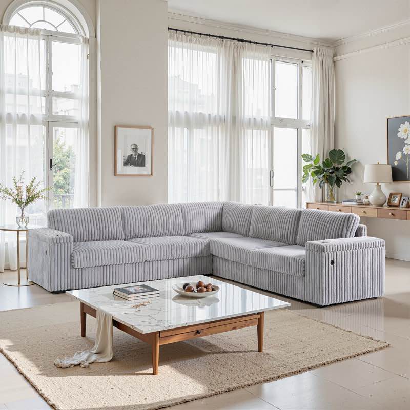 (Incomplet)5 Piece 109.5" L-Shaped Corduroy Track Arm Modular Sectional Sofa, Light Gray Corduroy