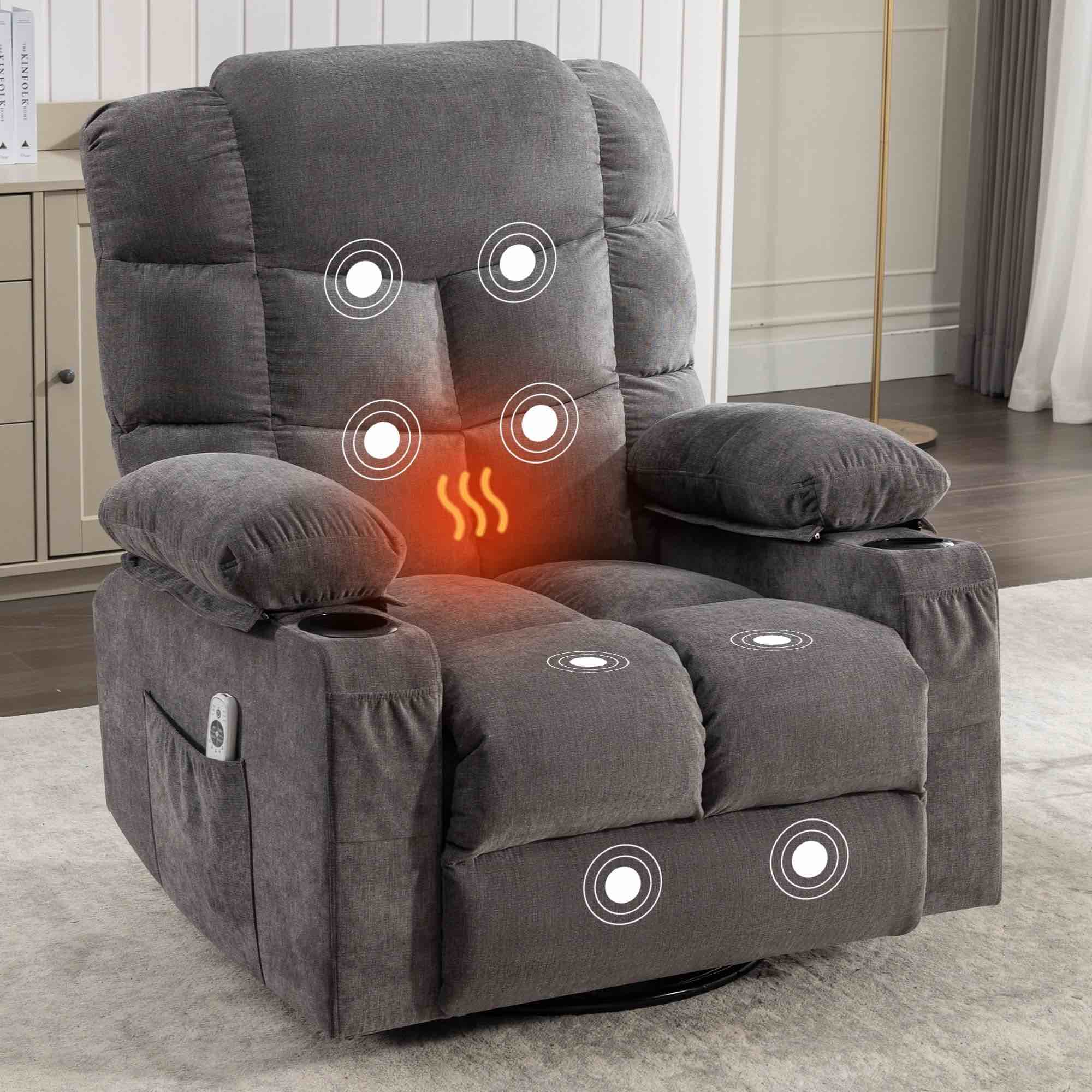 (box 1 of 2)360° swivel rocker recliner, legahome manual glider rocking chair for nursery with massage and heat, 22.8in glider massage recliner chairs for adults, with cup holder and side pocket, gray