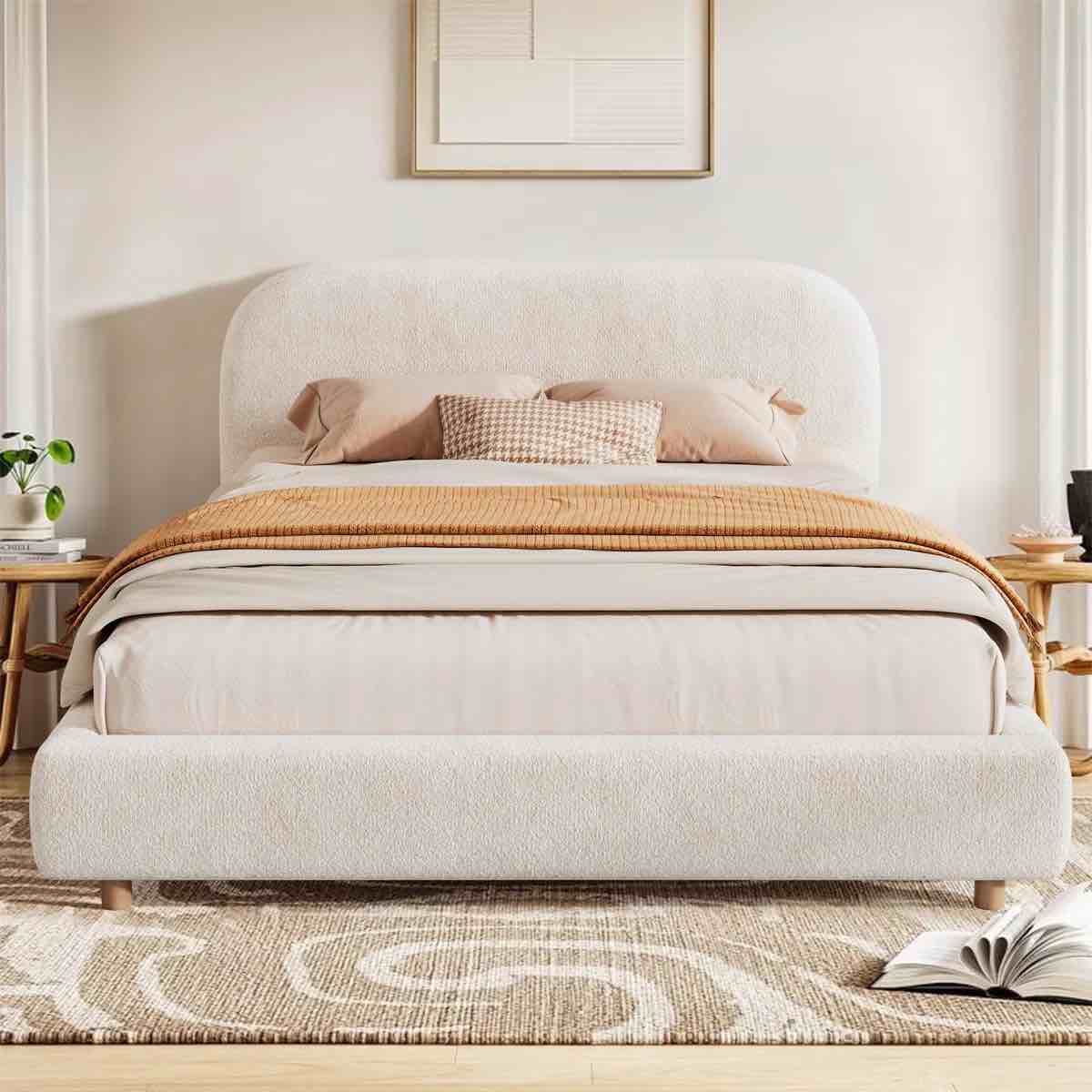 (Box 1 of 2)Queen Size Curve-Shaped Headboard Boucle Fabric Upholstered Bed Frame, With Metal Frame No Spring Box Needing Bed