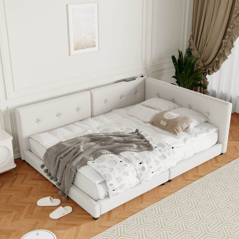 (Box 2/2)Vesna Upholstered Daybed ,Upholstered Platform Bed with USB Ports,Linen+Wood