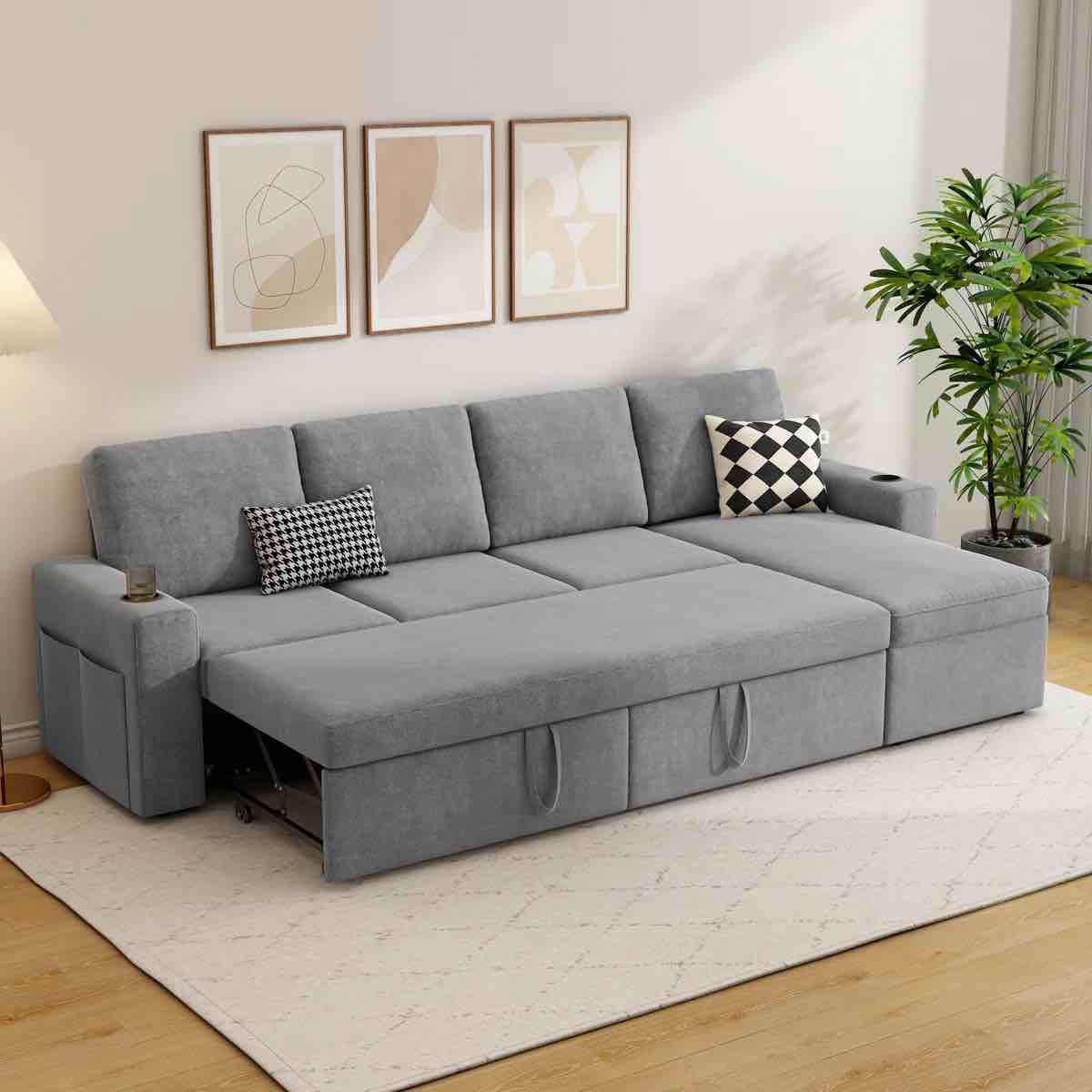 Hatuner 100.5'' Upholstered Sleeper Sofa, L-Shaped Sofa Bed with Storage Chaise(Incomplet)