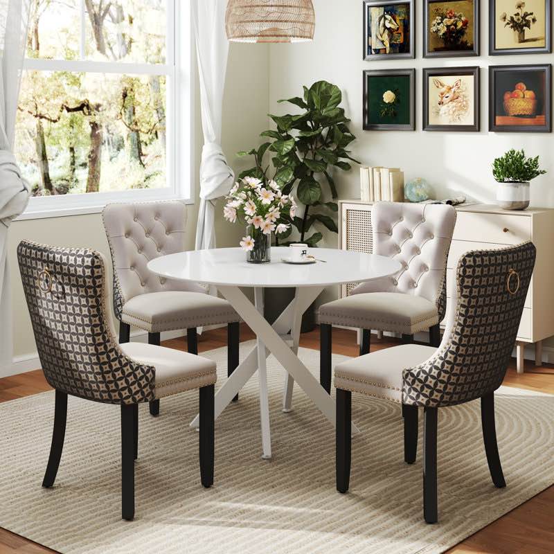 (Only Chairs)Round Wood Dining Set with Tufted Dining Chair Beige Set of 2