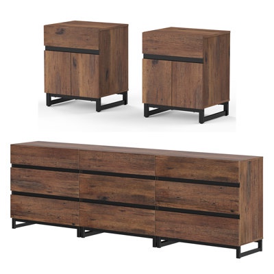 (Only 1 nightstand)3-Piece Dresser And Nightstand Set, 94.5 Inches Dresser With 9 Drawers, 2 Nightstand With Drawer And Cabinet For Bedroom,