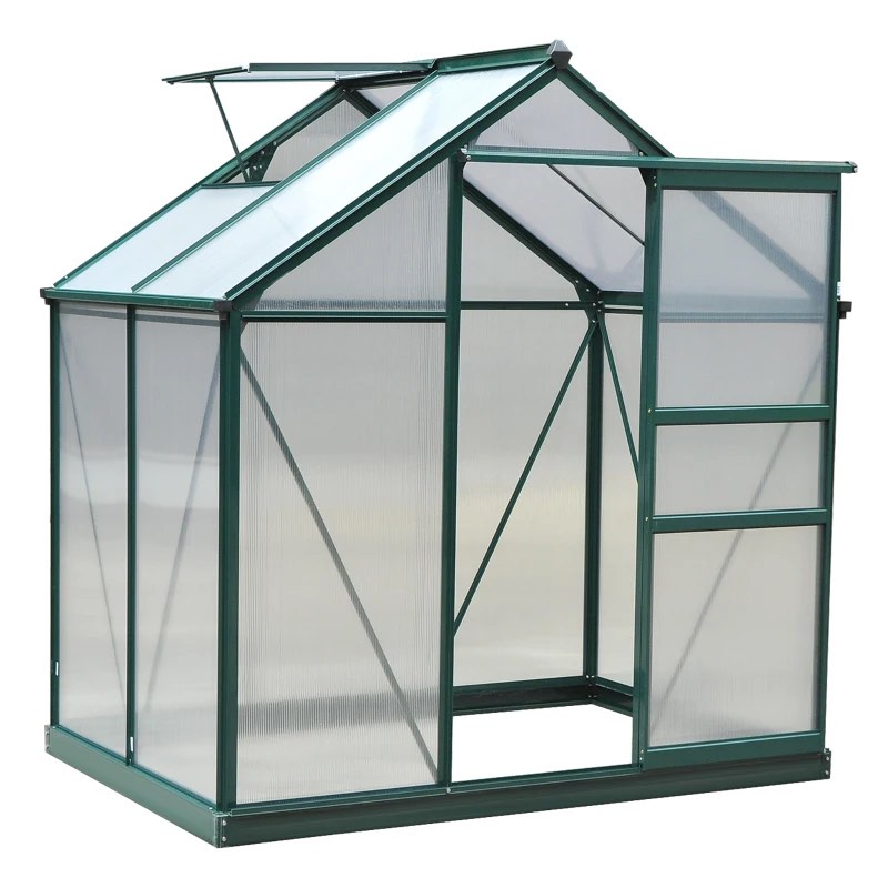 (Incomplet )Outsunny 6' x 4' Greenhouse for Outdoors, Polycarbonate Greenhouse with Rain Gutter and Roof Vent, Aluminum Walk-in Green Houses for Outside for Patio Backyard Garden, Dark Green