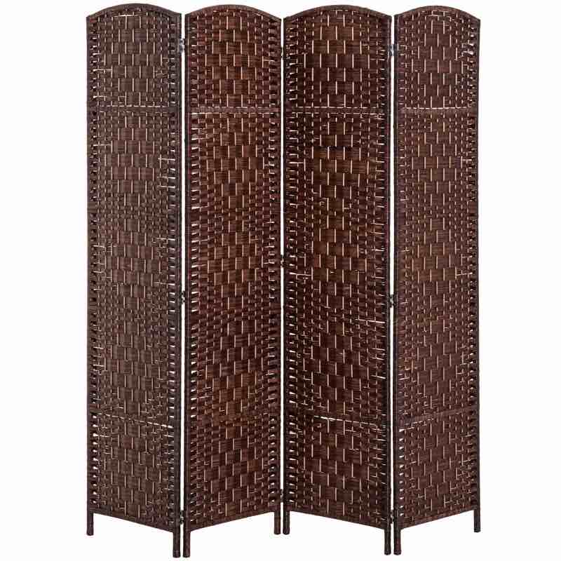 homcom room divider, 4 panel folding privacy screen, 6ft tall portable wicker weave partition wall divider for bedroom, home office, brown