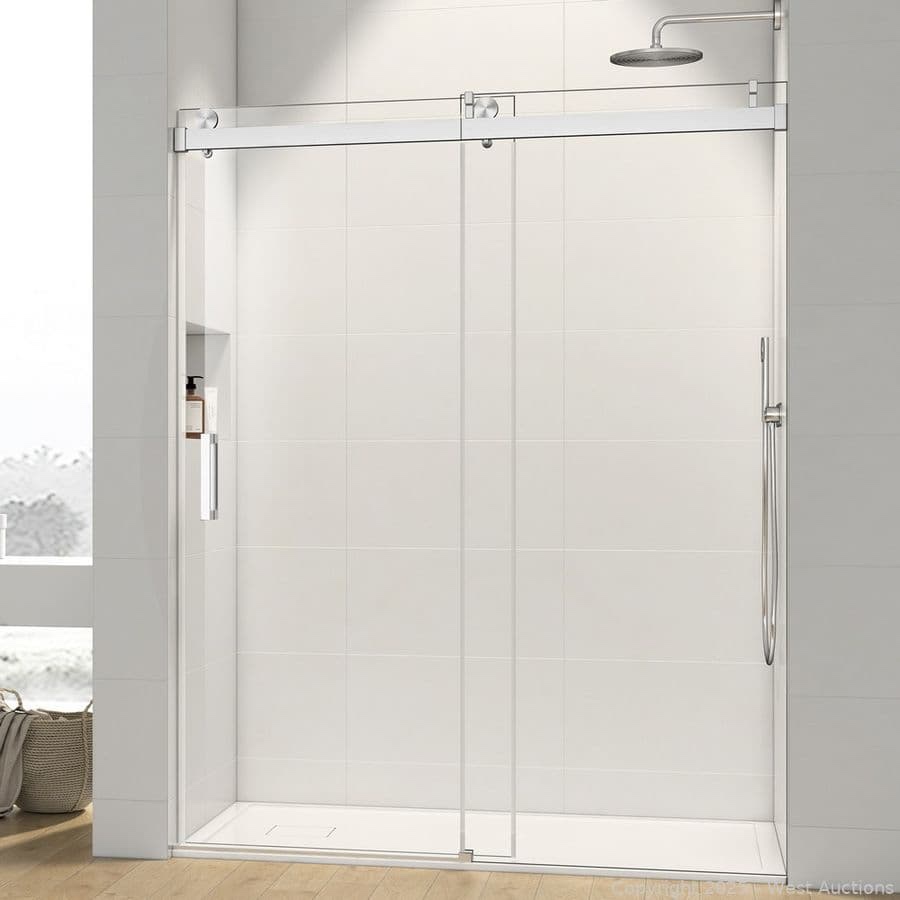 clovis goods 20s1001-60bn, 57-60w x 76h inch double sliding frameless shower door with clear glass, color brushed nickel