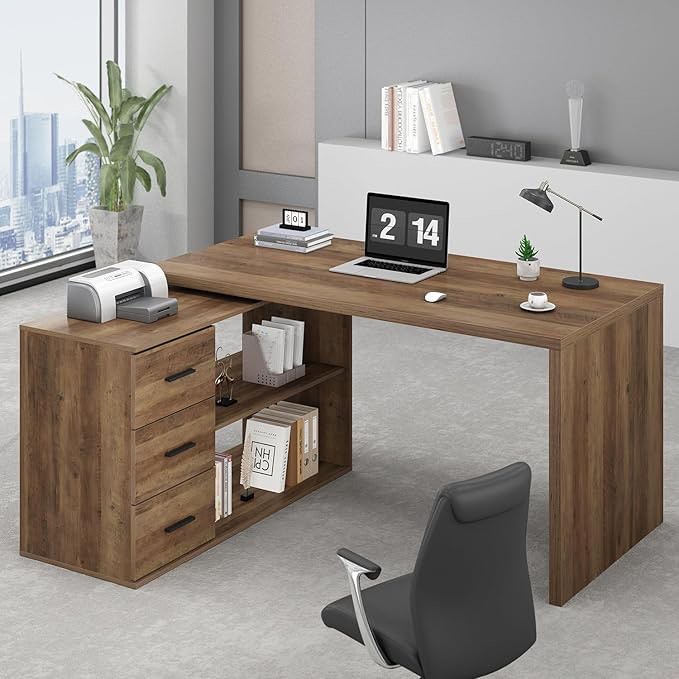 l shaped desk with storage drawers shelves, large corner computer table in home office, industrial wood desk for executive writing work study, rustic oak, 55 inch