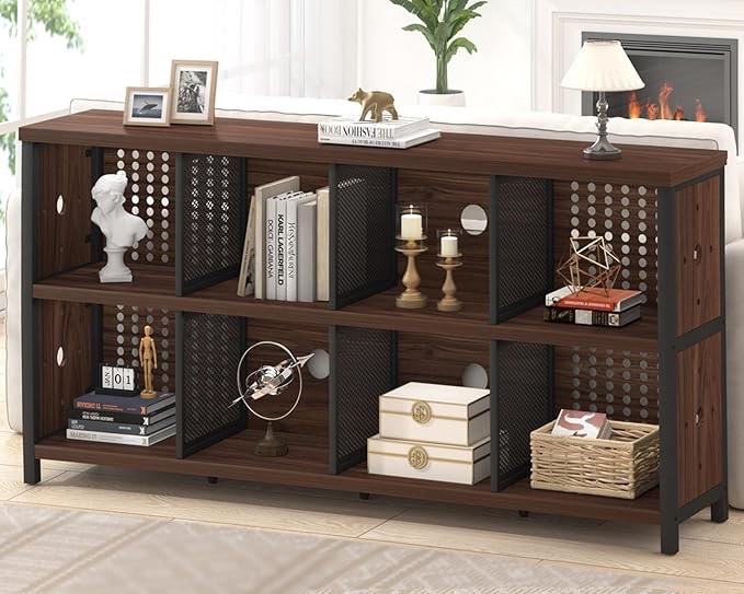 Wood Horizontal Bookshelf, Industrial Long Bookcase Cube Shelf Organizer, Large Wide Low Wooden Metal Cube Book Shelf