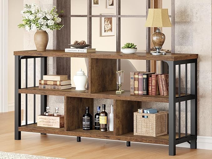 Bookshelf, 3 Tier Open Book Shelf, Wood Metal 5 Cube Storage Organizer