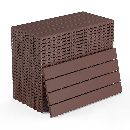 Plastic Interlocking Deck Tiles Waterproof 12x24'' Exstra Long Patio Flooring 24 PCS Outdoor Deck Tiles for All Weather Use - Balcony, Backyard, Indoor & Outdoor (Brown)