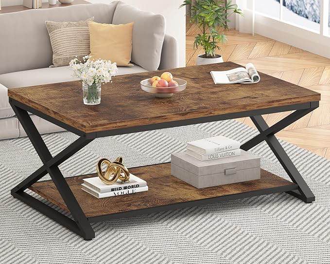 Wood Coffee Table with Storage, Farmhouse Rustic Brown Coffee