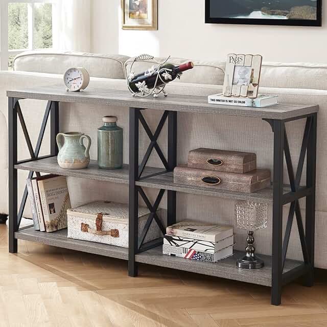 Rustic Sofa Table, Farmhouse Console Table for Living Room Grey Oak + Black 
