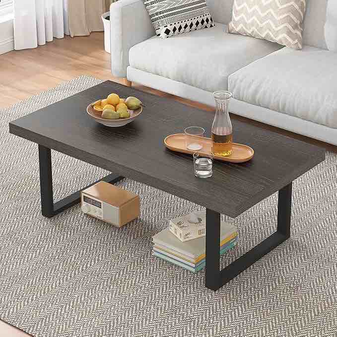 Rustic Coffee Table, Wood and Metal Simple Industrial Modern Center Table Gray Oak + Black 
