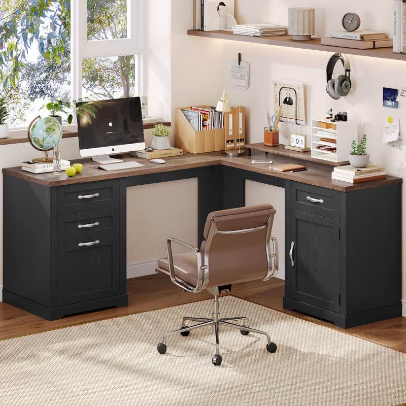59.8"w farmhouse l shaped executive desk with drawers,wood home office corner desk with charging station