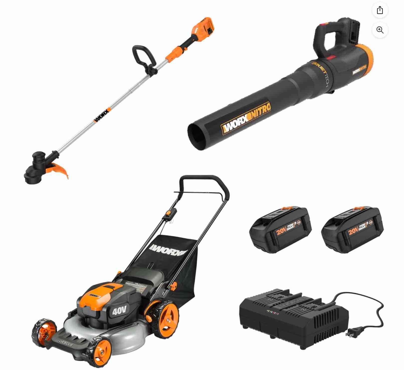 Worx 40v Combo, Includes 20" Push Mower, 13" String Trimmer, Quiet Tech Blower