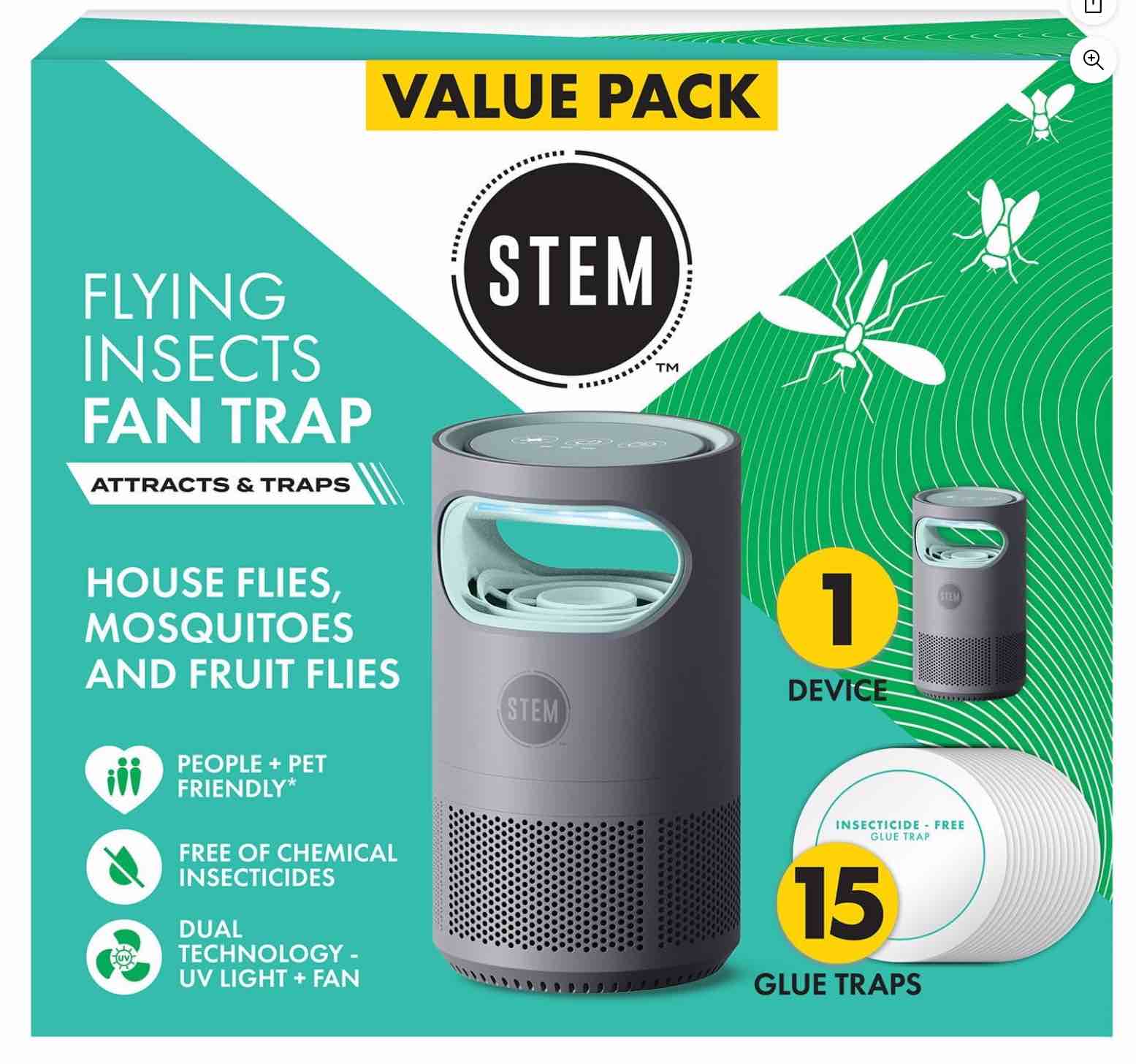 STEM Flying Insect Fan Trap for Indoor Bug Control, Plug In Fan with UV Light, Starter Kit 1 Device, 15 Glue Traps
