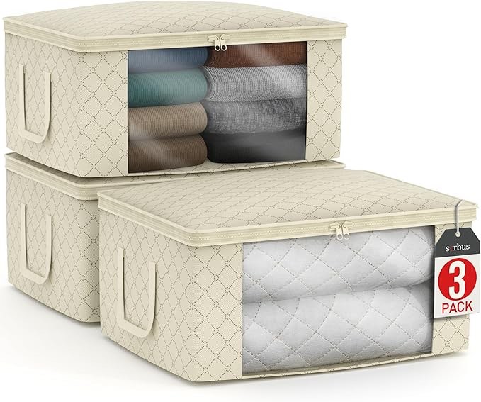 Sorbus Medium Clothes Storage Bags - Foldable Blanket Storage Bins for Organizing Bedroom, Closet, Clothing, Comforter, Organization with Clear Window, Lids and Carry Handles - Set of 3