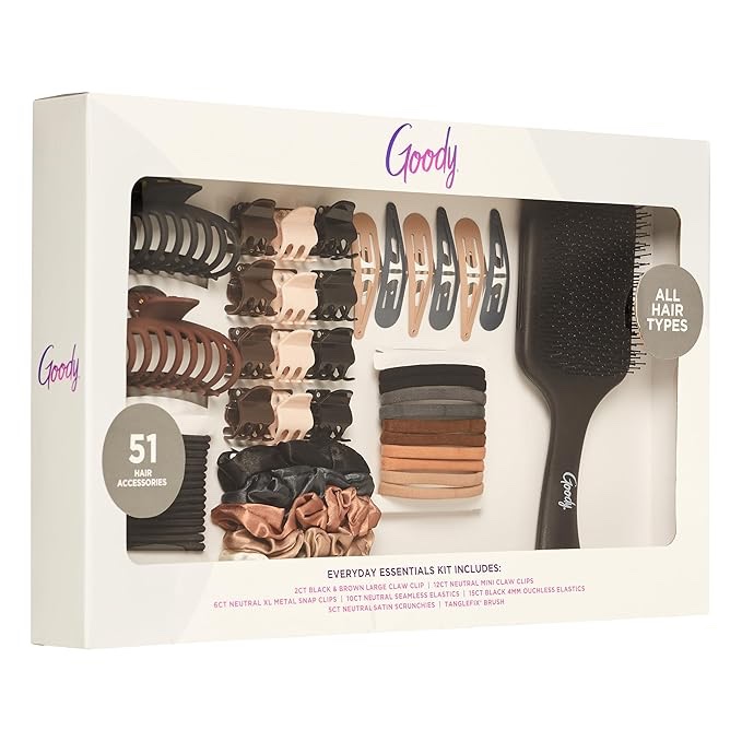 Goody Hair Accessories Kit, Everyday Essentials for Women - Ouchless Damage-free Hair Ties, SlideProof Claw Clips, Snap Clips, Scrunchies, Tanglefix Hair Brush, 51 PC Neutral Color Set, All Hair Types