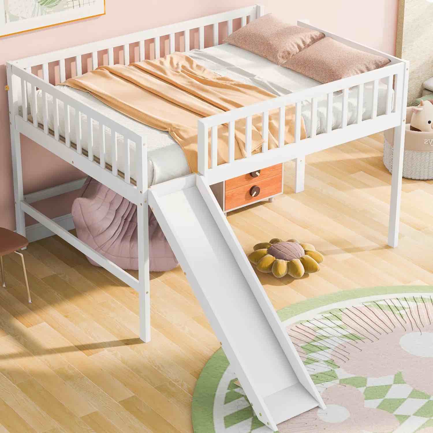 Full Size Low Loft Bed With Ladder, Slide, and Versatile Storage White - incomplete 