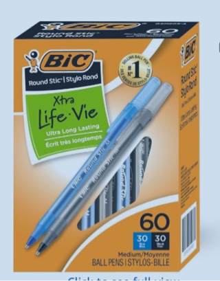 BIC Round Stic Xtra Life Ballpoint Pens  Medium Point (1.0mm)  Blue  60 Count