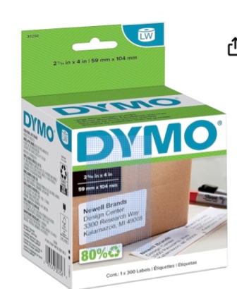 DYMO Authentic LW Large Shipping Labels  Print up to 6-Line Addresses  2-5/16  x 4   1 Roll of 300