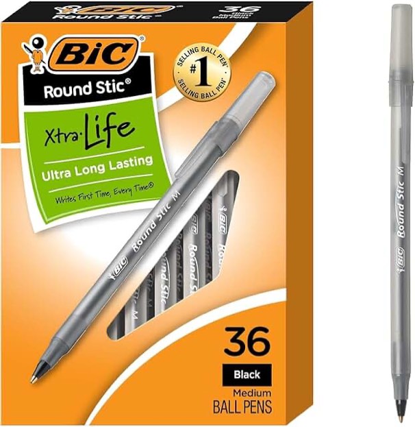 BIC Round Stic Xtra Life Ball Point Pen, Black, 36 Pack