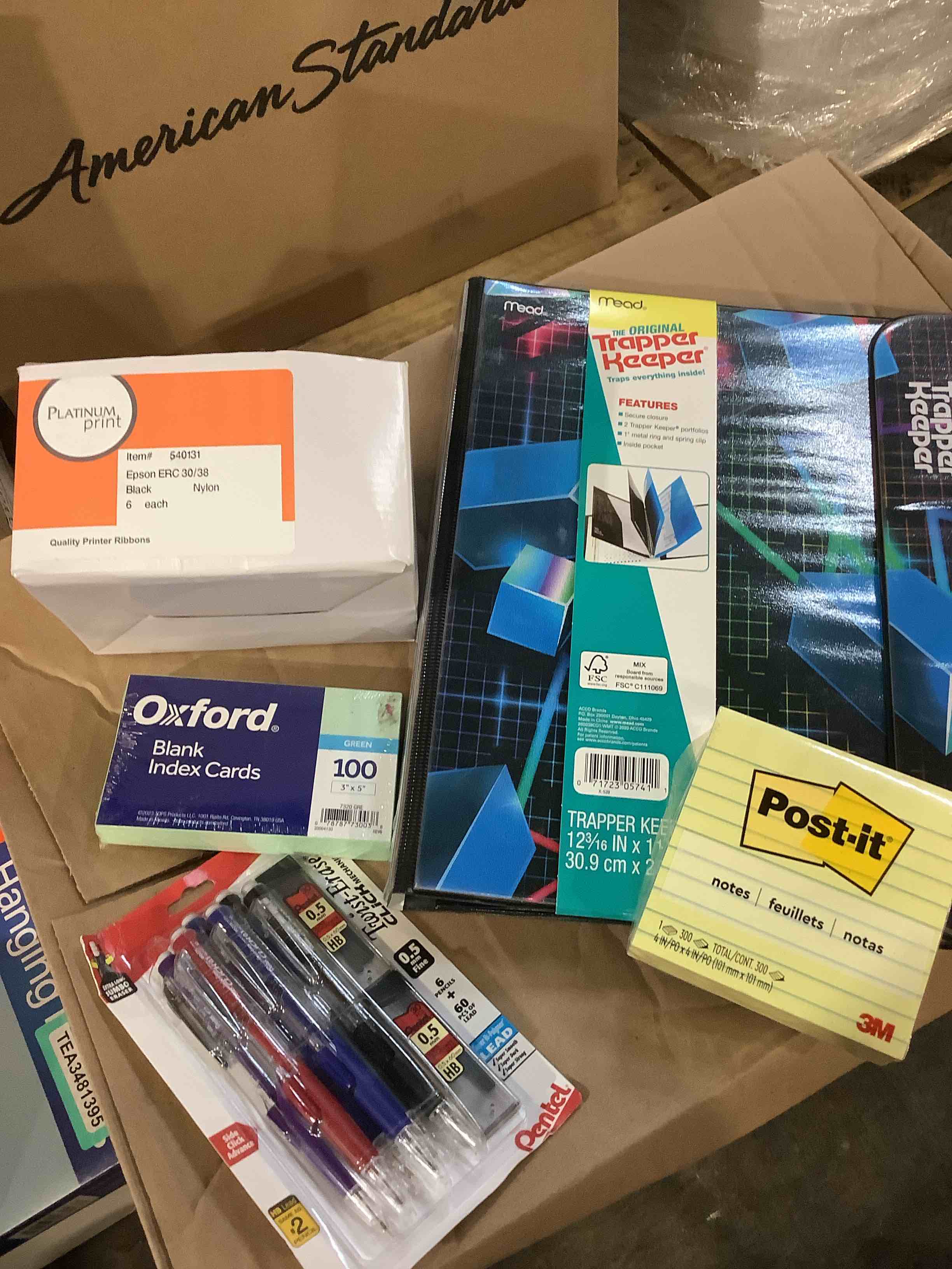 assorted office supplies: post-it notes, trapper, keeper, twist ease, pencils, platinum, print ribbons nylon, oxford blank index cards
