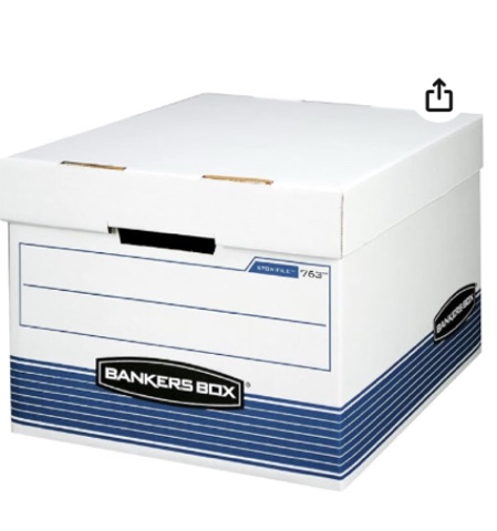 bankers box 4 pack hang'n'stor medium-duty file storage boxes, fastfold, lift-off lid, letter/legal, white/blue