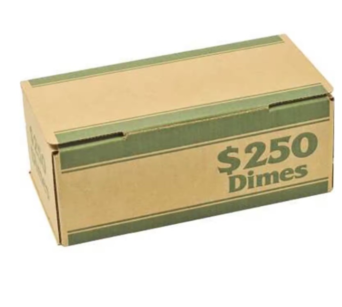 CONTROLTEK $250 Dimes Coin Box, 1-Compartment, Kraft/Green, 50/Pack (560061)